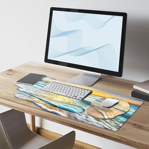 4 in 1 Mouse Pad and Keyboard Wrist Rest Set, Waterproof Desk Mat + Memory Foam Keyboard Pad + Mouse Pad with Wrist Rest + Coaster, Ergonomic Design Mousepad Set for Computer Office Table Decor, Beach in Saudi Arabia