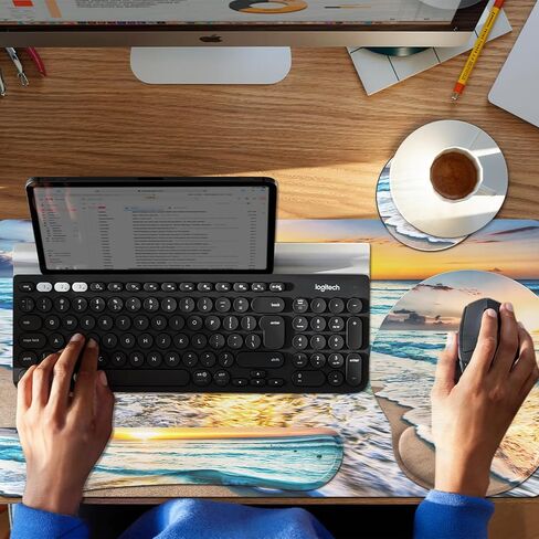 4 in 1 Mouse Pad and Keyboard Wrist Rest Set, Waterproof Desk Mat + Memory Foam Keyboard Pad + Mouse Pad with Wrist Rest + Coaster, Ergonomic Design Mousepad Set for Computer Office Table Decor, Beach in Saudi Arabia
