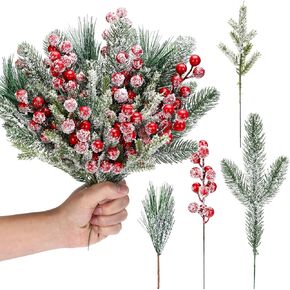 Lyrow 80 Pieces Christmas Snowy Pine Tree Picks Artificial Berry Stems Sprays Faux Cedar Pine Needles Branches for Holiday Arrangement Wreath DIY Garland Holiday Decor Winter Greenery (White)