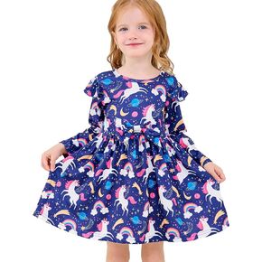 Girls Long Sleeve Dress - Ruffle Bowknot Toddler Party Dress Kids Fall Winter Clothes Cute Pattern Playwear Outfit