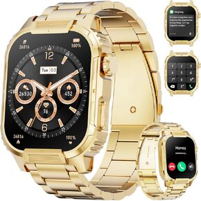 Smart Watch for Men, 2.02" HD Big Screen Rugged Smart Watch with Bluetooth Call Blood Oxygen Heart Rate Sleep Fitness Tracker, Built-in DIY Dial 123 Sport Modes Watch for Android IOS Gold Steel Strip