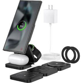 Foldable 3 in 1 Wireless Charging Station for Samsung, Magnetic Wireless Charger Stand for Galaxy S24 S23 Ultra S22 S21, for Galaxy Watch 6/5/5 Pro/4/3, for Galaxy Buds 2 Pro (Black)