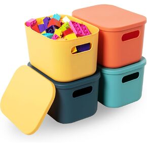 Plastic Storage Bins with Lid, Stackable Storage Containers for Organizing, Storage Baskets for Shelves Kitchen Bathroom Playroom Classroom Office (Small (4 PCS))