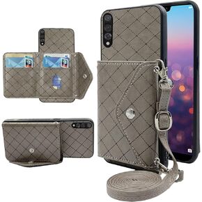 Compatible with Huawei P20 Pro Wallet Case with Crossbody Shoulder Strap and Stand Leather Credit Card Holder Lanyard Slot Cell Accessories Phone Cover for Hawaii P 20Pro 20 P20pro Women Grey