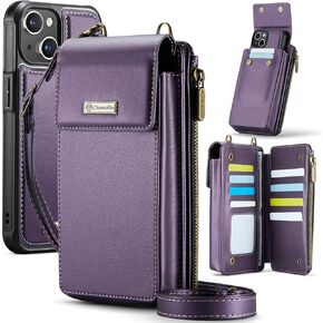 CaseMe for iPhone 14 Wallet Case with RFID Blocking Card Holder for Woman, 2-in-1 Slim Detachable Phone Cases & PU Leather Crossbody Shoulder Wrist Strap Zipper Purse Bag for iPhone 14 6.1", Black