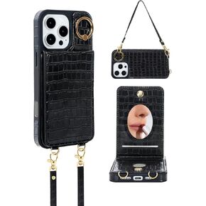 Wallet Case for iPhone 16 Pro Max with Mirror, Crossbody Strap & Wrist Lanyard, Kickstand Magnetic Clasps Card Holder with RFID Protection, Shockproof Cover for Women - 6.9" (White)