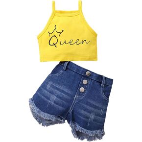 Floerns baby-girls 2 Piece Outfit Letter Graphic Cami Top and Buttom Front Raw Cut Denim Jeans Shorts Sets