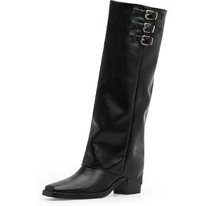 Women's Block High Heel Square Toe Buckle Strap Fold Over Knee High Boots