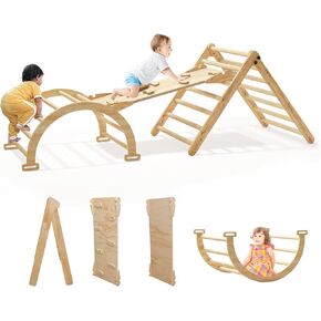 Pikler Triangle Set 5 in 1, Toddlers Climbing Toys Indoor, Foldable Montessori Climbing Set with Arch & Ramp & Ladder, Wooden Baby Climbing Gym for 2-6 Years Old
