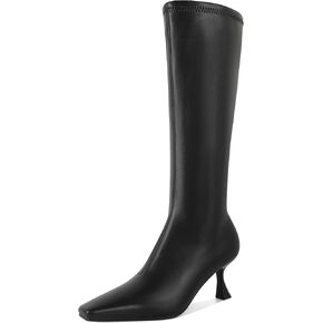 Zamikoo Knee High Boots for Women Low Heel Square Pointed Toe Stretch Kitten Heels Long Tall Boots Side Zipper 2.5 Inches