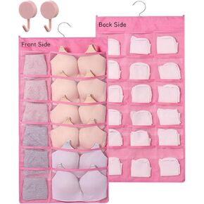 Closet Hanging Organizer with Mesh Pockets & Rotating Metal Hanger,Dual Sided Hanging Closet Mesh Pockets Organizer for Underwear, Stocking, Bra and Sock(Pink：12+18 Pockets)