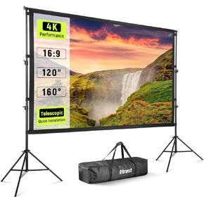 120" Projector Screen with Stand, Wrinkle Free Polyester 16:9 4K HD Rear Front Movie Screen with Sandbags, Indoor Outdoor Portable Telescopic Projection Screen for Home Theater, Outdoor Movie
