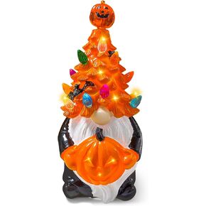Halloween Gnome Decorations with LED Lights, 9.4in Resin Light Up Gnomes Decorations for Home, Battery Operated Handmade Halloween Figurines Indoor, Halloween Pumpkin Office Desk Table Decor Gifts