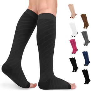 Knee High Medical Compression Socks for Women & Men, 20-30 mmHg Graduated Compression Stockings, Open Toe Circulation Support Pressure Hose for Sports, Flight, Edema, Varicose Veins, DVT
