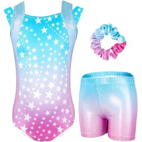 Gogokids Gymnastics Leotards for Girls, Kids Glitter Stars Dance Unitards Biketards with Shorts, Matching Hair Scrunchie