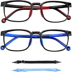 2 Pack Kids Blue Light Blocking Glasses, Computer Glasses with Rope, Anti Blurry and Eyestrain, Cut UV400 Anti Glare for Children Age 3-12 (Black Blue, Purple)