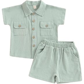 Toddler Baby Boys Summer Outfits Solid Color Short Sleeve Lapel Shirts Elastic Shorts 2Pcs Cotton Linen Clothes Set