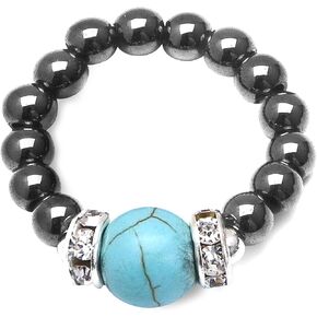 Black and Turquoise Hematite Magnetic Ring - Beaded Stretch Ring, Jewelry Gifts for Mom, Aesthetic Rings For Acupressure Points, Well-Crafted Design, Accessory for Teens and Adults, Medium