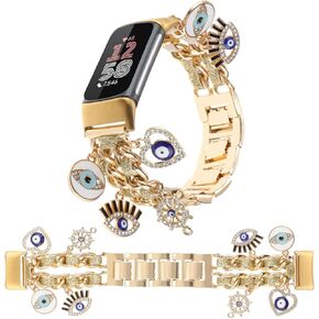 Stylish Metal Wristband Compatible with Fitbit Charge 6/Charge 5 Bands for Women,Cute Strap with Unique Love Cross Pendants Chain Charms Bracelet for Charge 5 6 Fitness Tracker