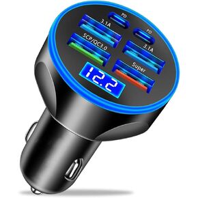 Super Fast Charge USB C Car Phone Charger Adapter 6 in 1 with Voltage Display 250W Multi Port Cigarette Lighter USB Charge for iPhone 15/14/13/12/11 Samsung Galaxy Huawei Oneplus Oppo Vivo