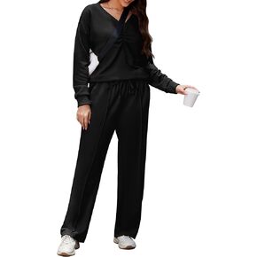 Womens 2 Piece Outfits Lounge Sets Sweatsuit Long Sleeve V Neck Sweatshirt and Wide Leg Sweatpants Tracksuit Set