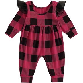 Kuriozud Baby Girl Plaid Outfit Long Sleeve Ruffle Romper Jumpsuit Christmas Outfit Newborn Girl Fall Clothes