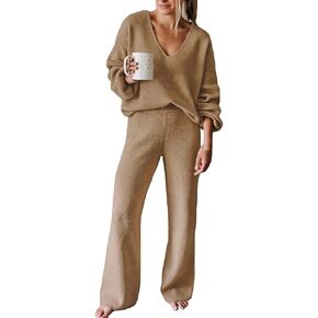 AOHITE Womens 2 Piece Outfits Casual V-neck Knit Pullover Sweater Wide Leg Pants Sleepwear Loungewear Set in Kuwait