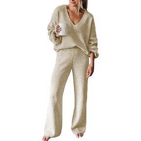 AOHITE Womens 2 Piece Outfits Casual V-neck Knit Pullover Sweater Wide Leg Pants Sleepwear Loungewear Set