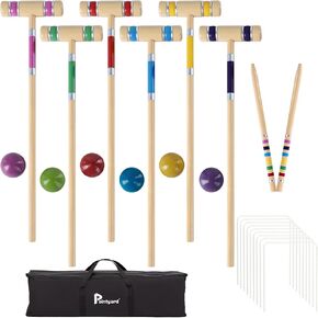 Pointyard 28In Six Player Croquet Set, Universal Szie Croquet Set with Wooden Mallets/Colored Ball/Wickets/Stakes for Lawn/Backyard Game/Park