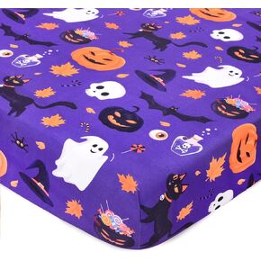 Halloween Crib Sheets, Fitted Crib Sheet with Ghosts, Skull, Pumpkin, Cat, Bats, and Eyeball, Measuring 52'' x 28'' to fit Standard Crib & Toddler Mattresses, Purple