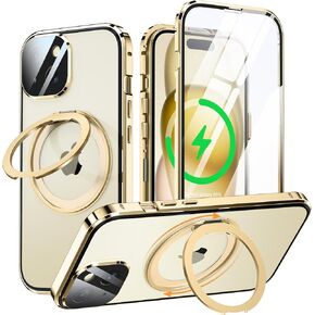 360 Full Body Protection for iPhone 15 Case Built-in Glass Screen Protector & Camera Lens Protector Compatibile with MagSafe with Rotatable Magnetic Ring Holder - Gold