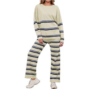 2 Piece Outfits for Women Striped Sweaters Sets Loose Knitted Pullover Wide Leg Pants Lounge Sets