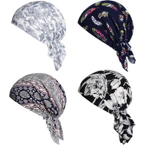 4pcs Pre-Tied Chemo Head Scarf Beanie Covers Cap Head Scarves Sleep Turban Hat Women Bandana with Stretch Print Ruffle