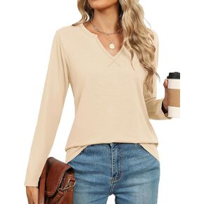 تي شيرت LOMON نسائي طويل الأكمام كاجوال برقبة على شكل حرف V تي شيرت قطني لطيف in Kuwait