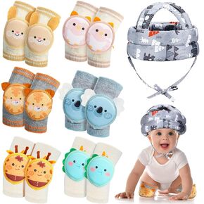 Preboun Baby Safety Helmet for Crawling with 6 Pairs Baby Knee Pads Set Baby Head Protector Adjustable Baby Head Cushion Bumper Bonnet for 6 Months to 3 Years(Elephant)