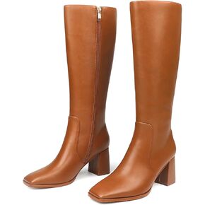 JOY IN LOVE Knee High Boots Women Chunky Block Heel Square Toe Zipper Boots