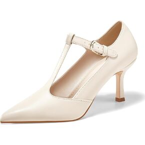 Coutgo Womens T Strap Mary Jane Pumps High Heels Closed Pointed Toe Vintage Wedding Office Dress Shoes