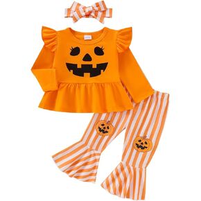Kids Baby Girl Halloween/Thanksgiving Outfit Pumpkin/Turkey Print Bell Bottoms Fall Toddler Flare Clothes Set