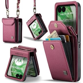 ASAPDOS Crossbody Case Compatible with Motorola Razr 2024,Retro PU Leather Strap Wristlet Flip Case with Magnetic Closure and Card Holder for Men Women Wine Red