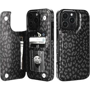 HAOPINSH for iPhone 16 Pro Max Wallet Case with Card Holder, Black Leopard Cheetah Pattern Back Flip Folio PU Leather Kickstand Card Slots Case for Women Girls, Double Magnetic Clasp Shockproof 6.9"