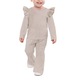 CM C&M WODRO Toddler Baby Girl Outfit Solid Ribbed Knit Ruffle Long Sleeves Shirt Top Long Pants Kid Fall Winter Clothes Set