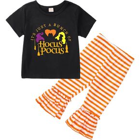 Toddler Baby Girl Halloween Outfits Hocus Pocus T-Shirts Short Sleeve Tees Stripes Bell Bottoms Pants Fall Clothes