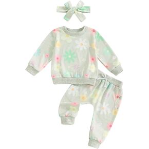 Karwuiio Newborn Infant Baby Girl Clothes Outfits Print Long Sleeve Sweatshirt Pants Headband 3Pcs Clothes Set