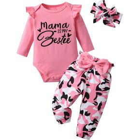 KuKitty Newborn Baby Girl Clothes Long Sleeve Letter Print Romper Bow Pants Headband Infant Girls 3Pcs Outfits Set