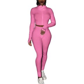 Women Sexy 2 Piece Outfits Ribbed Zipper High Neck Crop Top Thumb Holes Long Bodycon Pants Set Tracksuit Clubwear
