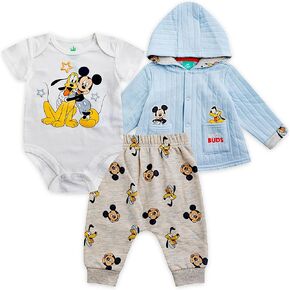 Disney Winnie the Pooh Baby Boys Pants Set with Bodysuit and Hooded Snap Quilted Jacket 3 Pack Set for Infant