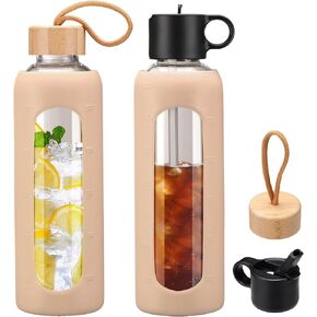 32oz Glass Water Bottle With 2 Lids-Flip Straw Lid, Bamboo Lid, Glass Water Bottle With Silicone Sleeve, Motivational Time Marker, Glass Juice Bottle for Cold Drink,Plive