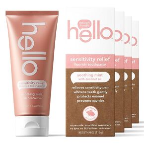 Hello Oral Care Sensitivity Relief Toothpaste for Sensitive Teeth with Fluoride + Coconut Oil Vegan SLS Free Whitening Oz, Soothing Mint, 4 Ounce
