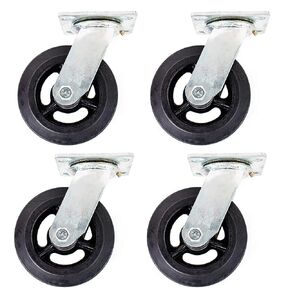 Pack of 4 - RK Heavy Duty Moldon Rubber Swivel Casters Iron Wheel, 6" x 2", Capacity: 500 lbs/Ea