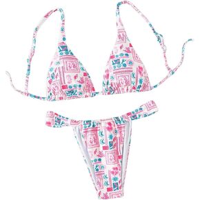 Women's 2 Piece Bathing Suit Graphic Boho Wireless Triangle Swimsuits Thong Cheeky Bikini Set